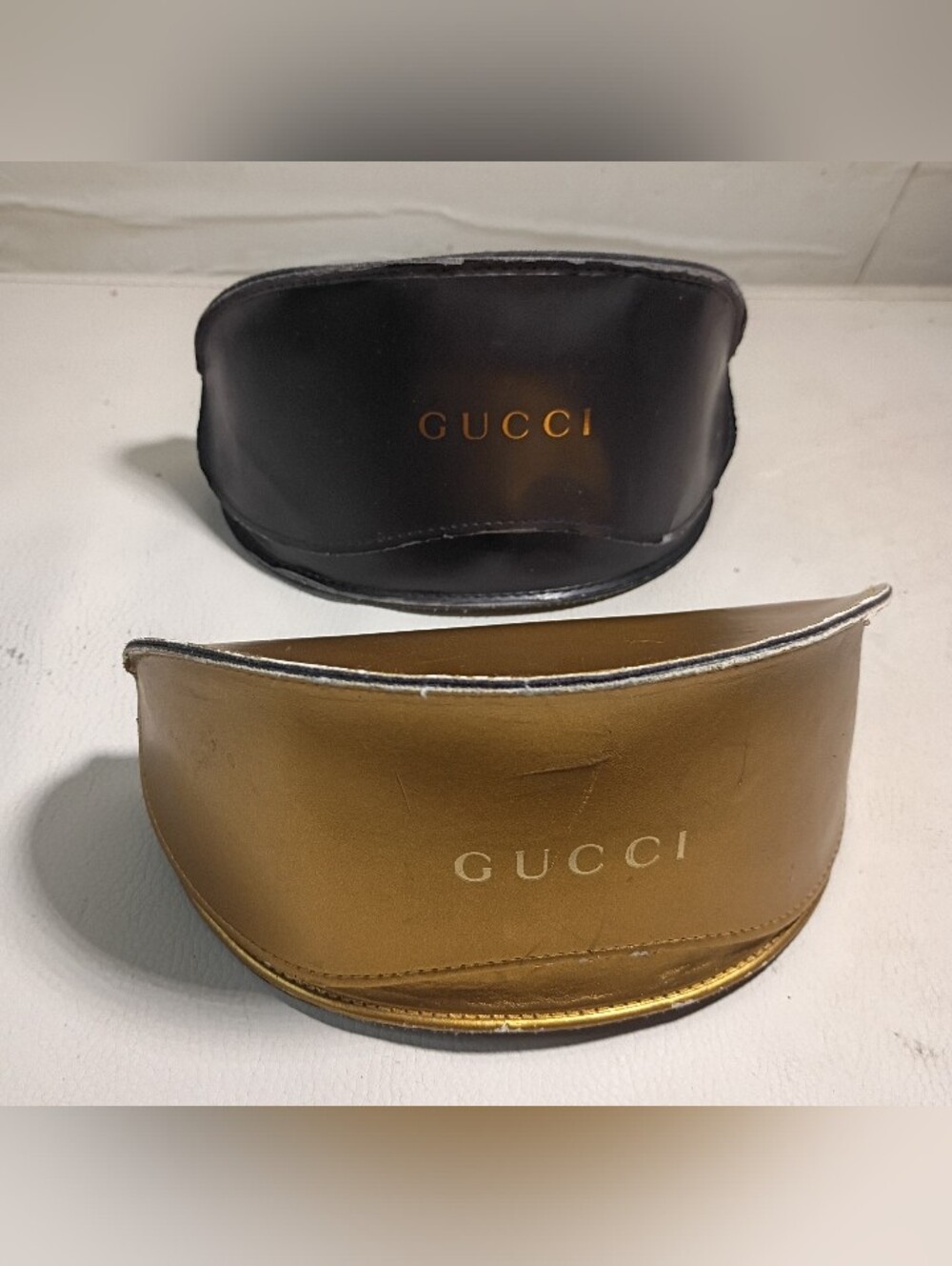 Lot of 2 Vintage Gucci Clamshell Eyeglass  Sunglasses Cases Dk Brown & Gold 6x3